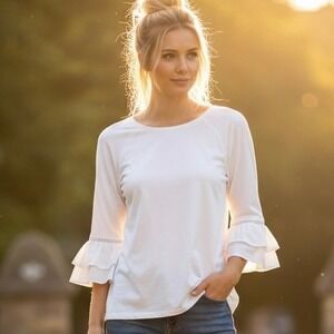 Lilly Pulitzer White Ruffle Sleeve Crochet Trim Top Tunic Shirt Womens XS Boho